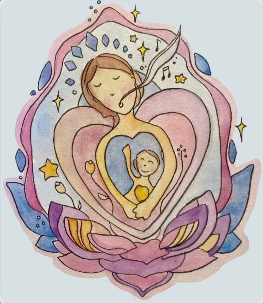 A watercolour illustration of a woman seated in an open lotus flower, cradling a small child inside a heart at her centre.